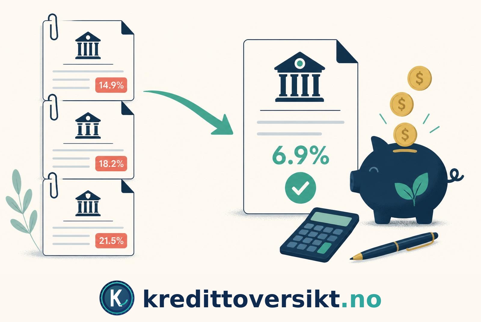 Illustrasjon som viser tre lån samlet til ett med lavere rente – slik fungerer refinansiering