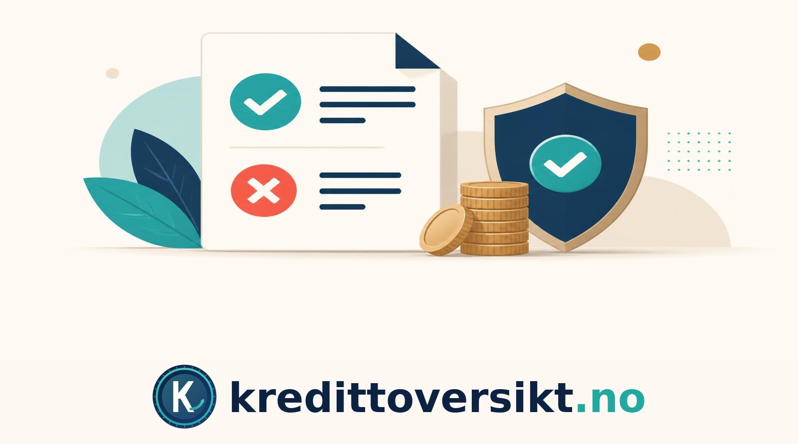Lånesøknad med godkjent- og avslagsmarkeringer, mynter og skjold
