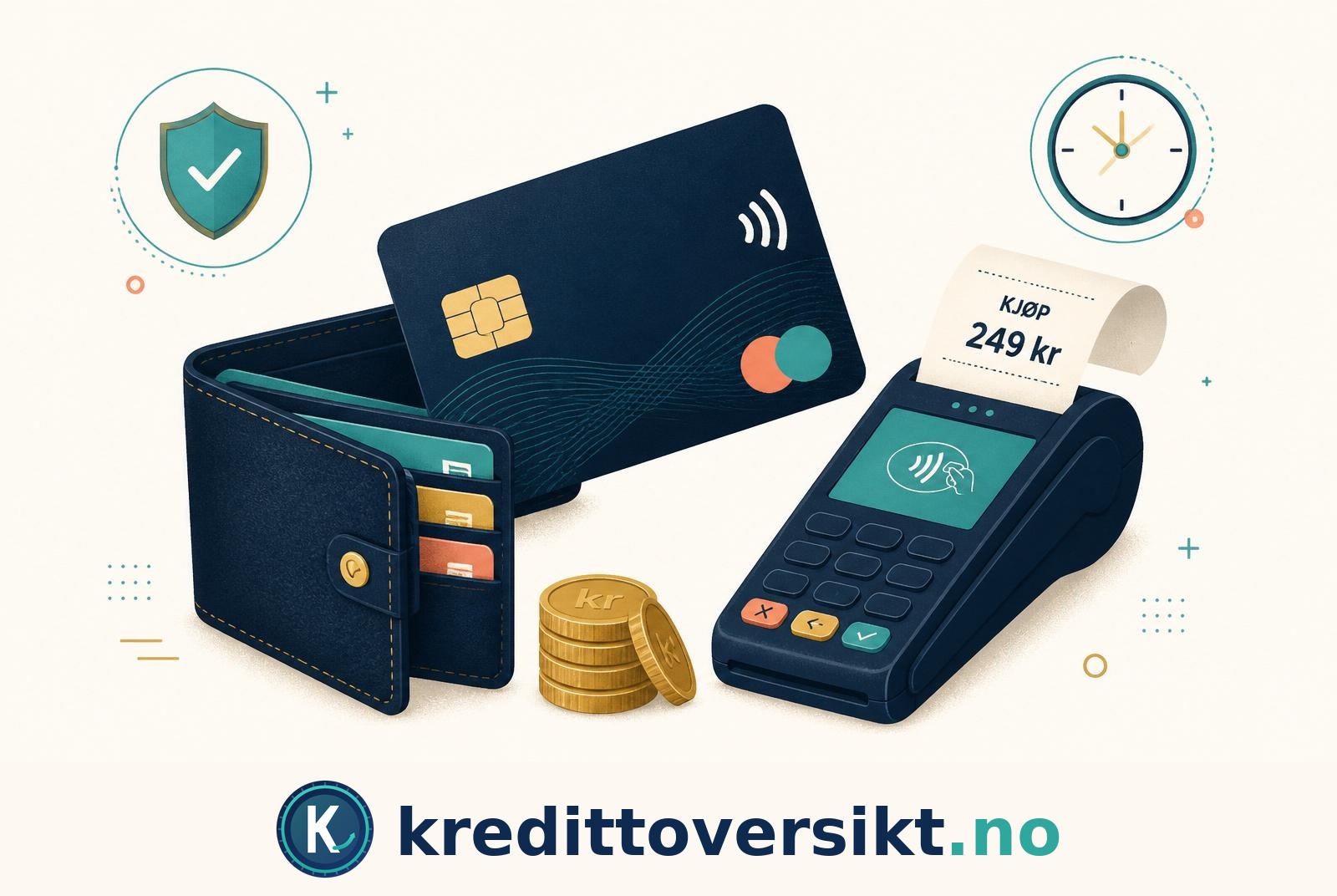 Illustrasjon av kredittkort, lommebok og betalingsterminal – slik fungerer kredittkort