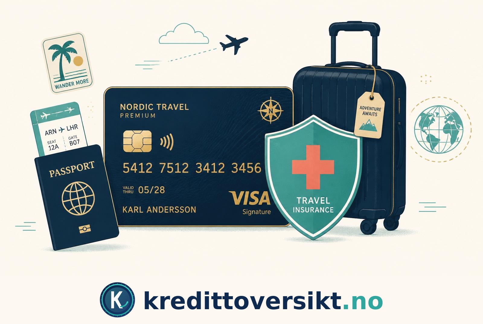 Illustrasjon av kredittkort med pass, koffert og reiseforsikring-skjold