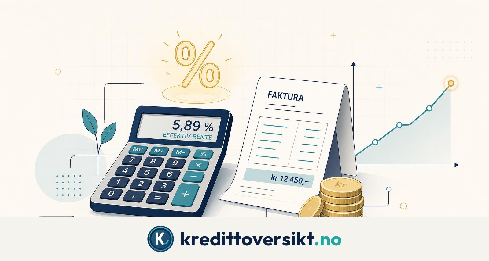 Illustrasjon av effektiv rente: kalkulator med prosent, faktura, mynter og stigende graf