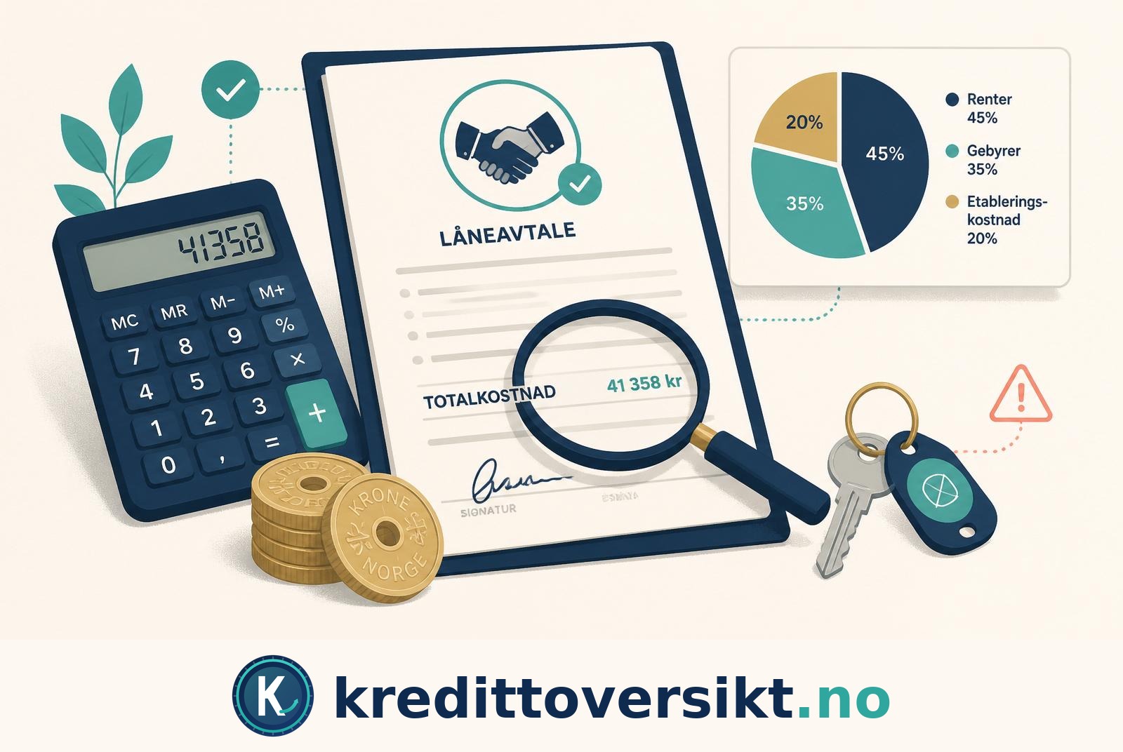 Illustrasjon av låneavtale, kalkulator, mynter og kostnadsdiagram for forbrukslån