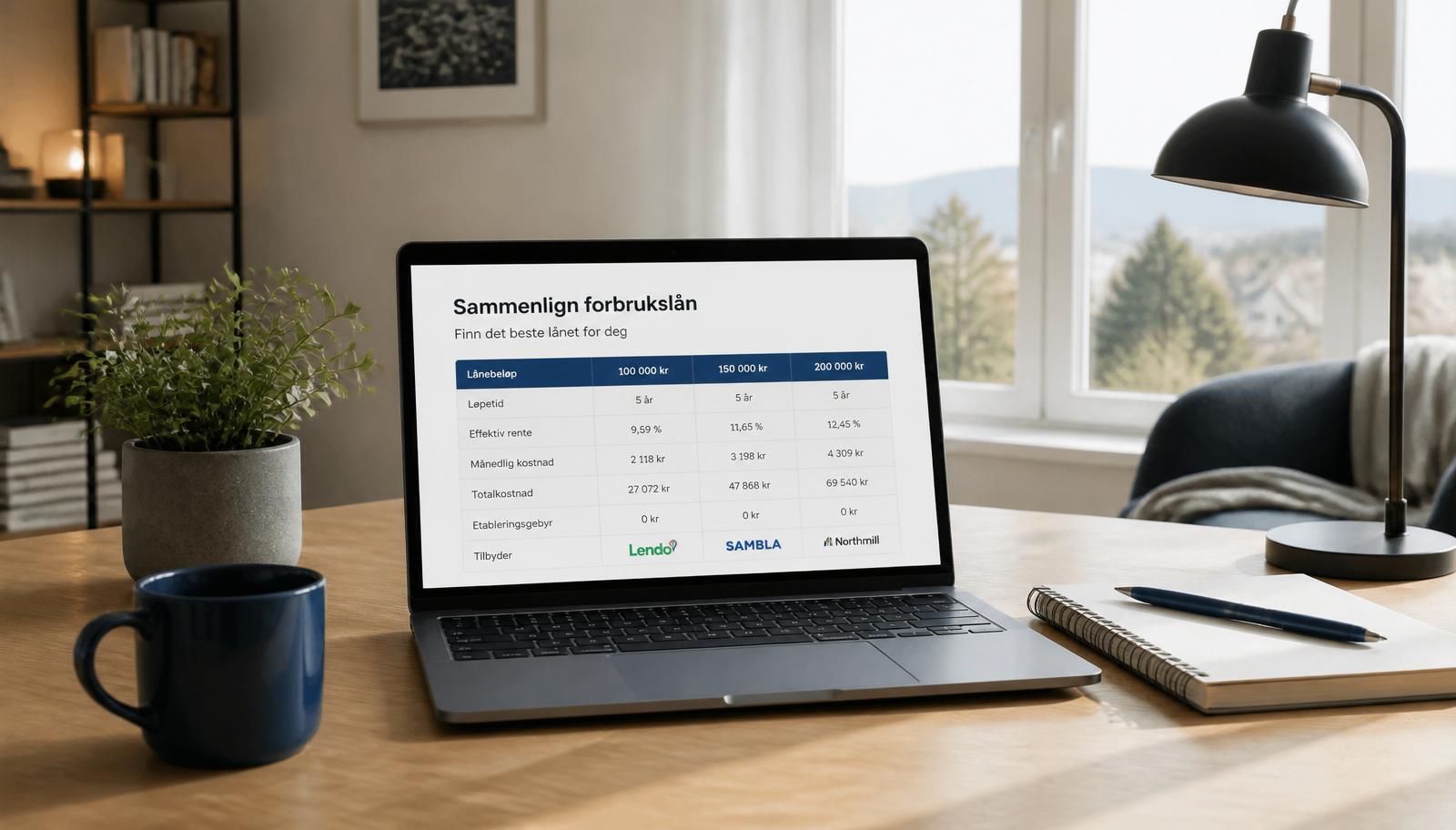 Sammenligning av forbrukslån på laptop – effektiv rente, månedsbeløp og totalkostnad