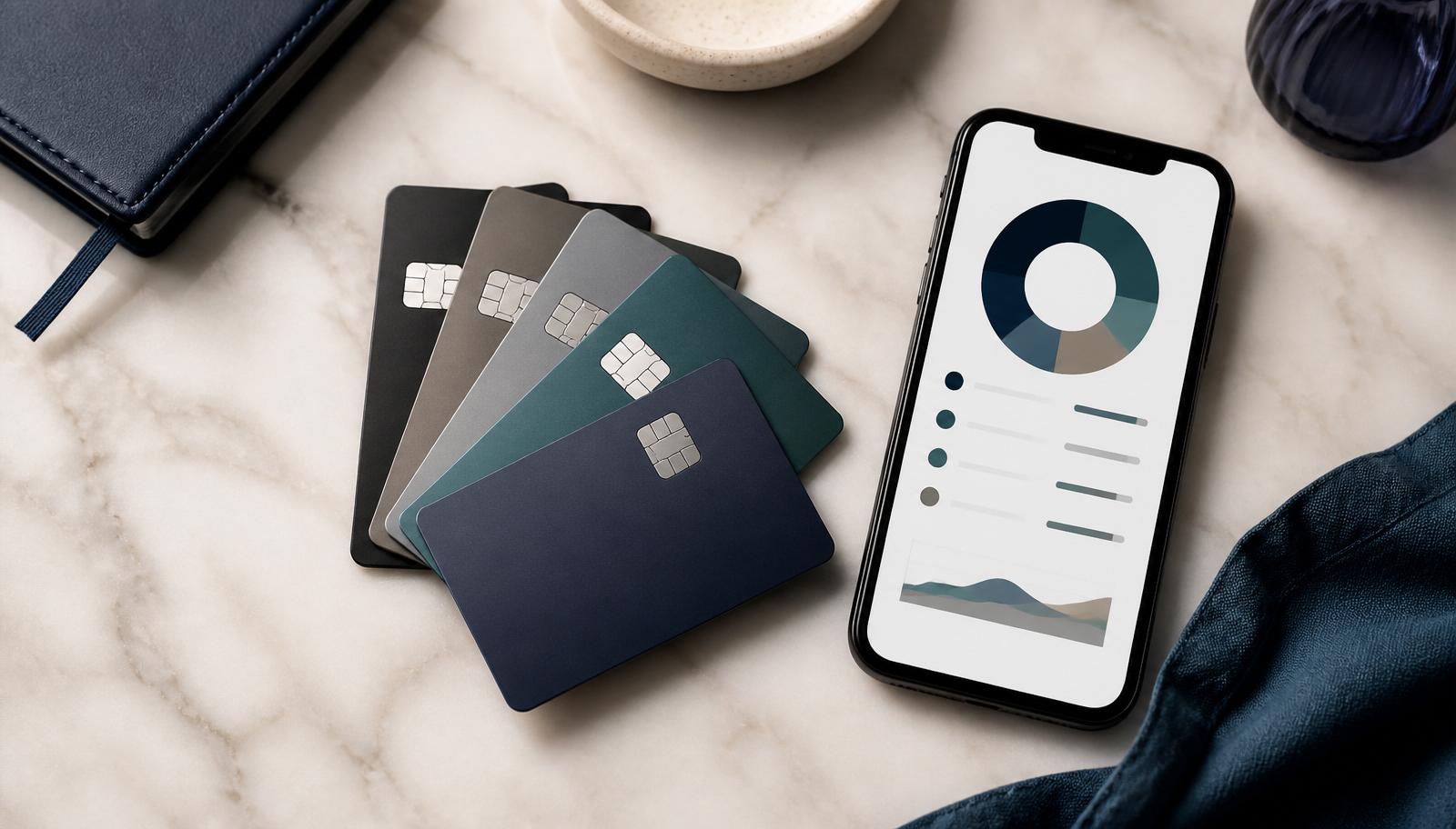 Utvalg av premium kredittkort ved siden av mobil med forbruksoversikt